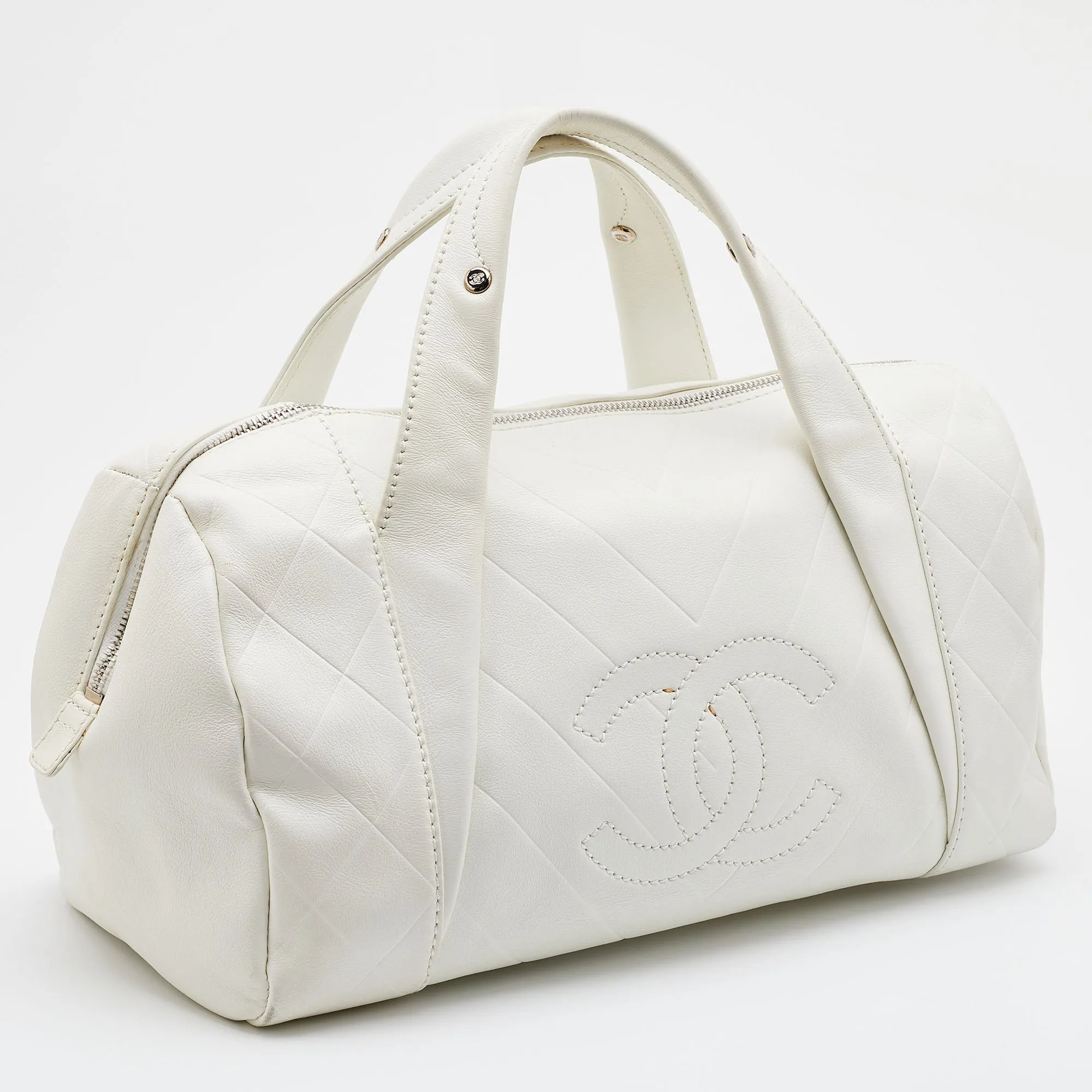 CHANEL Off White Double Quilt Leather Bowler Bag