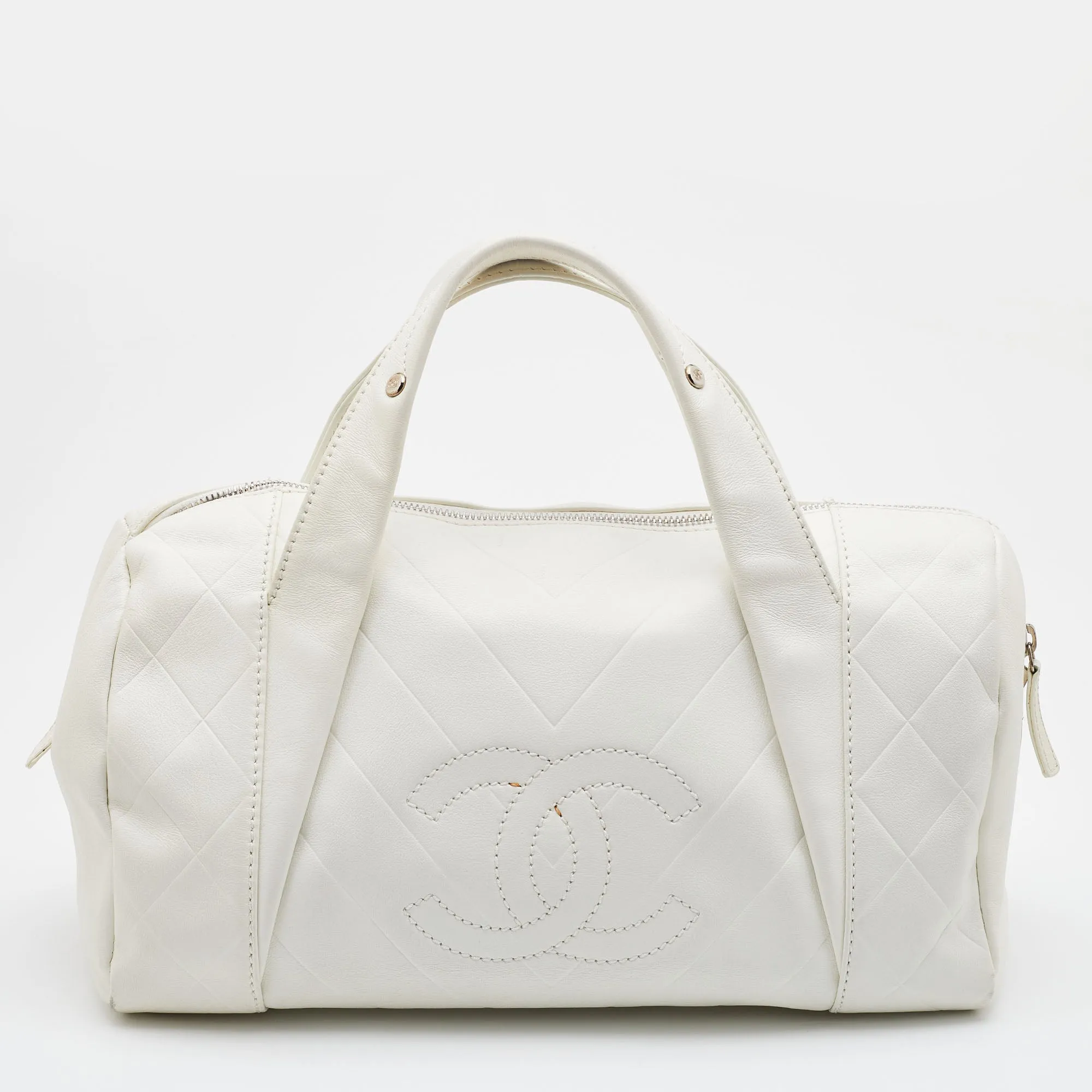 CHANEL Off White Double Quilt Leather Bowler Bag