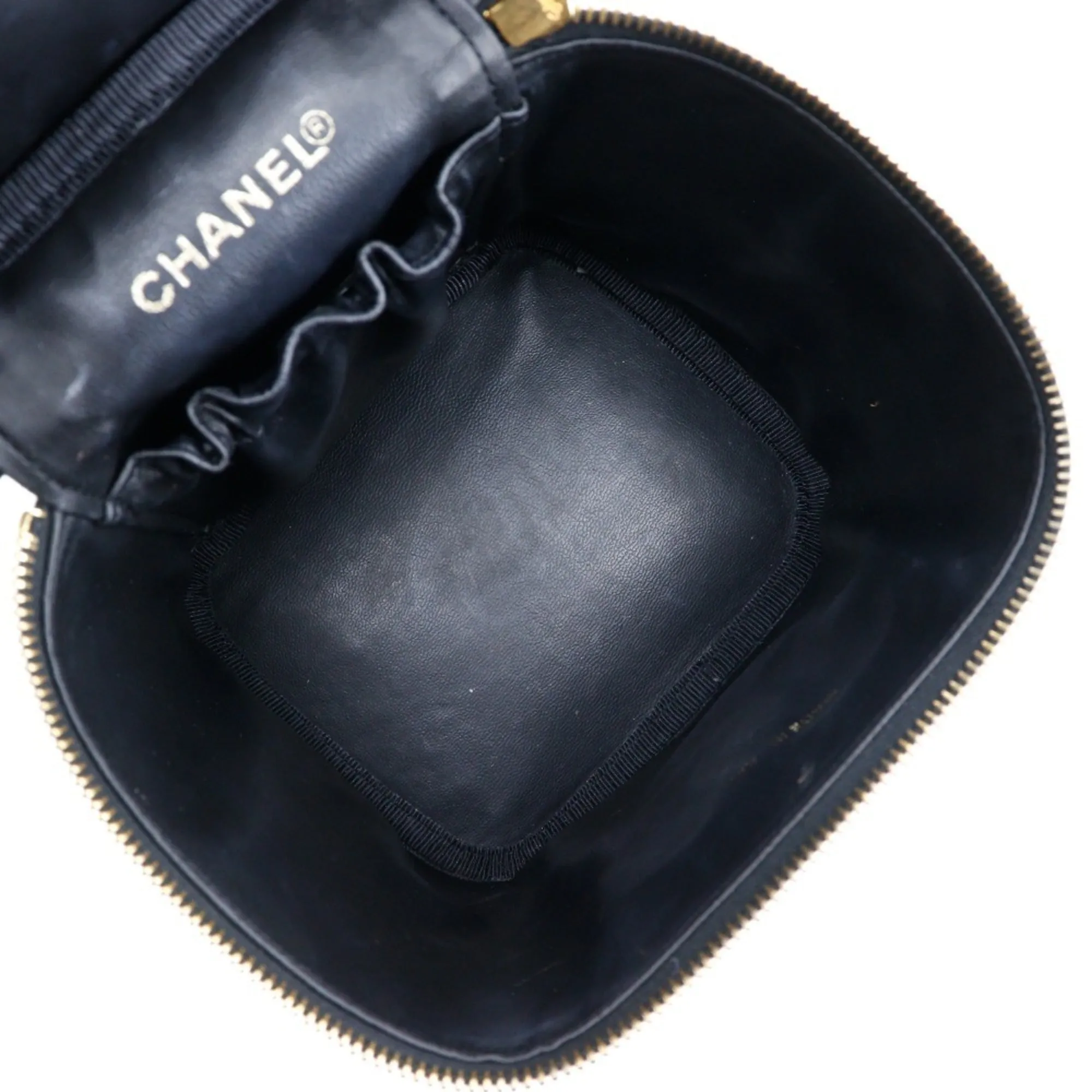 CHANEL Vanity Handbag Coco Mark Matte Caviar Skin Made in France Black Zipper Ladies