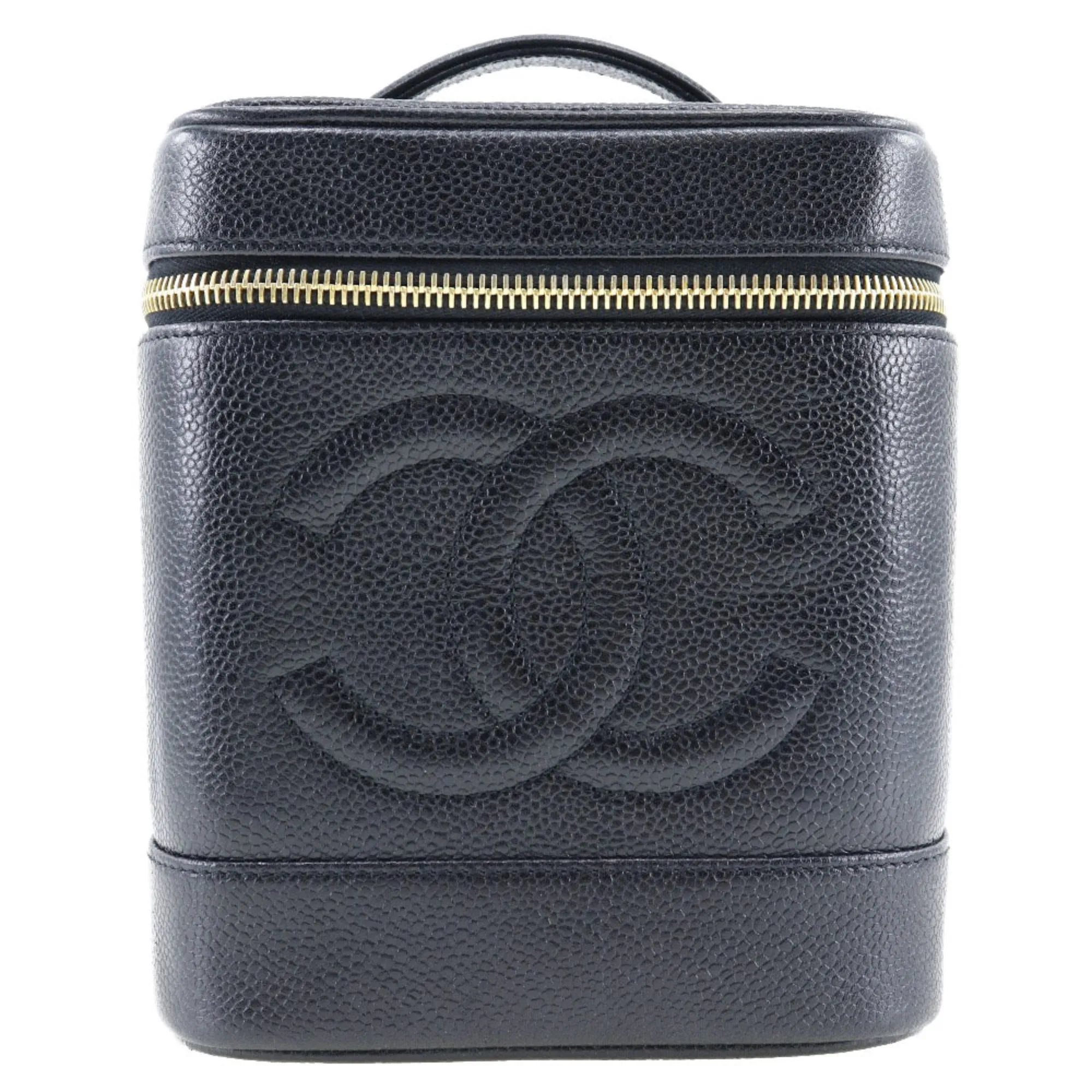 CHANEL Vanity Handbag Coco Mark Matte Caviar Skin Made in France Black Zipper Ladies