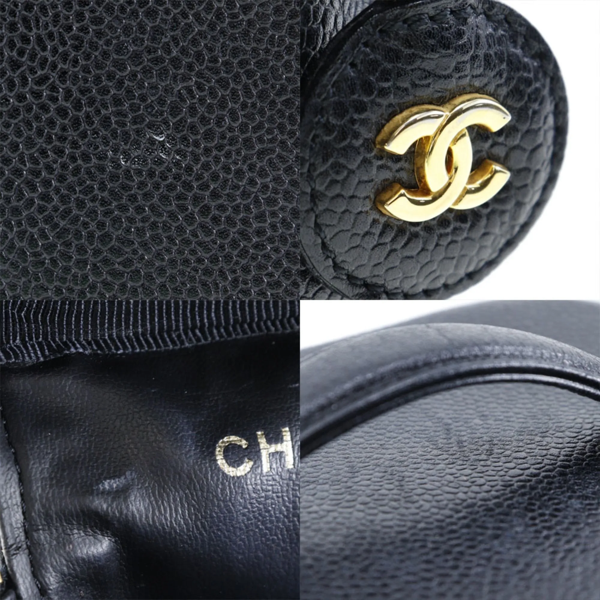 CHANEL Vanity Handbag Coco Mark Matte Caviar Skin Made in France Black Zipper Ladies