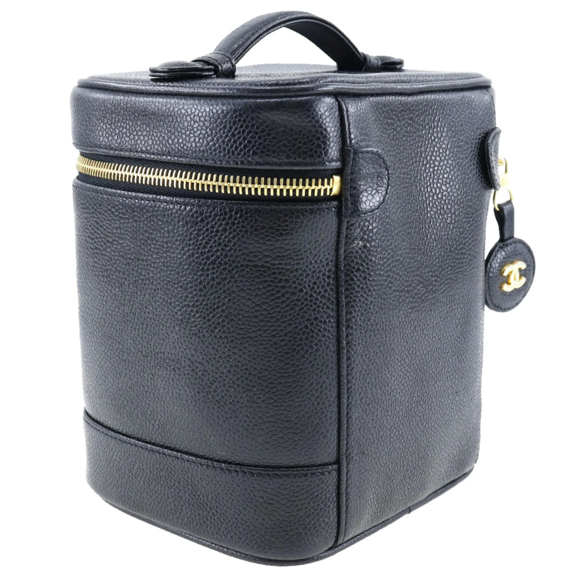 CHANEL Vanity Handbag Coco Mark Matte Caviar Skin Made in France Black Zipper Ladies