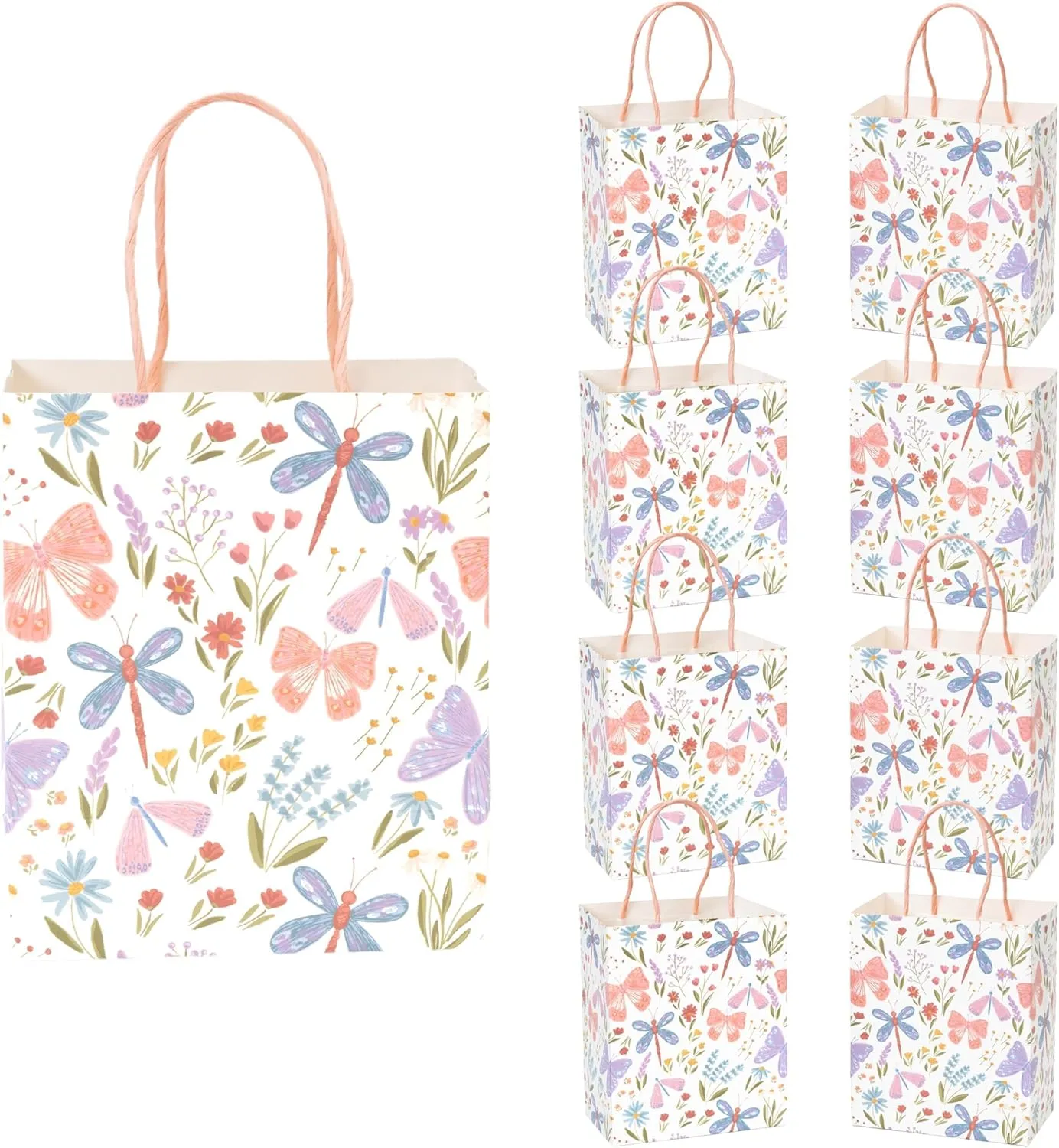 Cheerland Butterfly Dragonfly Flower Favor Gift Bags Wildflower Pastel Goodie Treat Paper Bag for Floral Garden Woodland Spring Theme Tea Party Supplies Birthday Baby Shower Picnic Decorations 8pcs