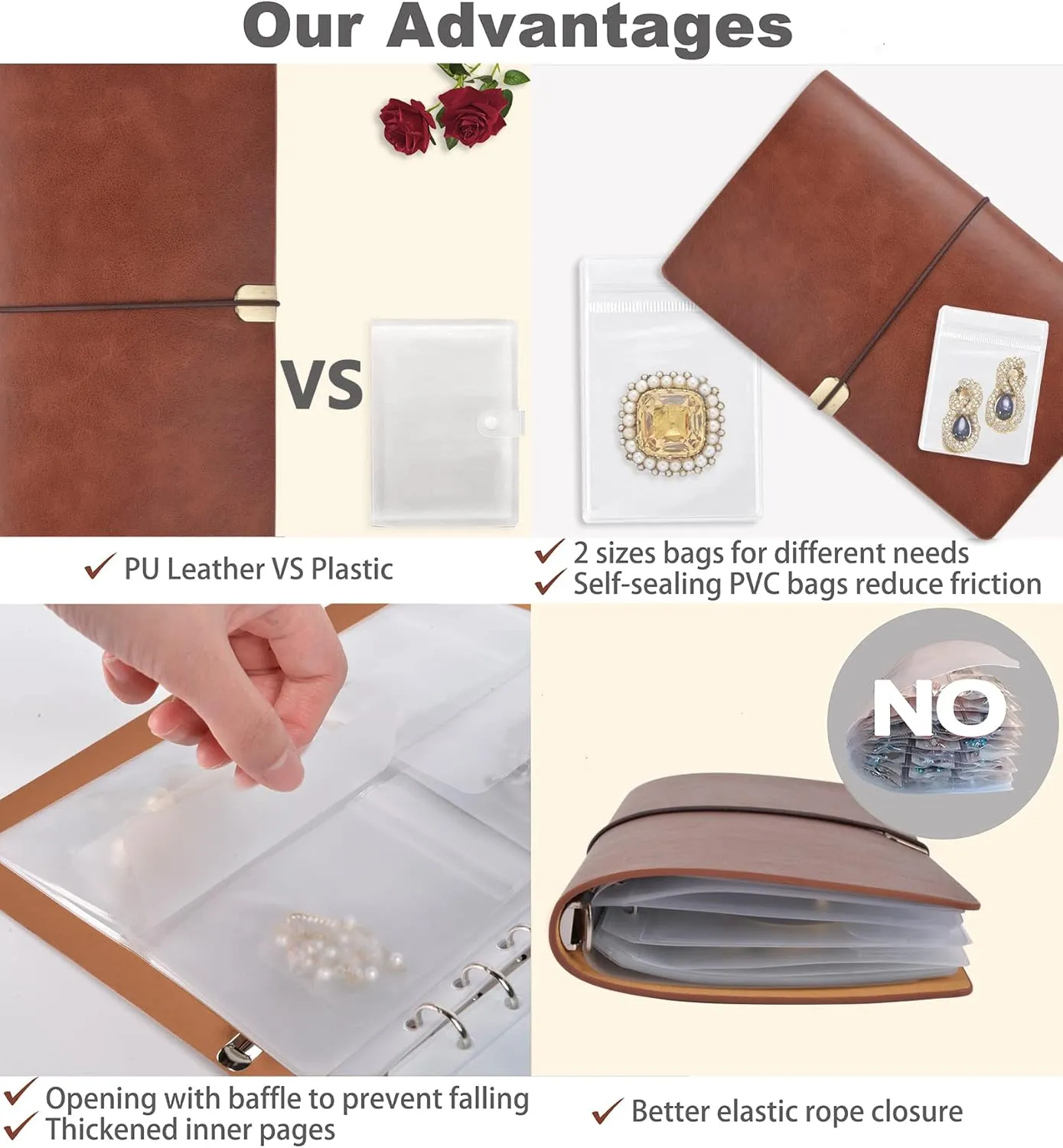 ChezMax Jewelry Organizer Book, Travel Jewelry Storage Book with Pockets, PU Leather Earrings Album, Small Accessories Holder for Bracelets Necklace Rings (40 Grids 40 Anti-Oxidation PVC Bags)