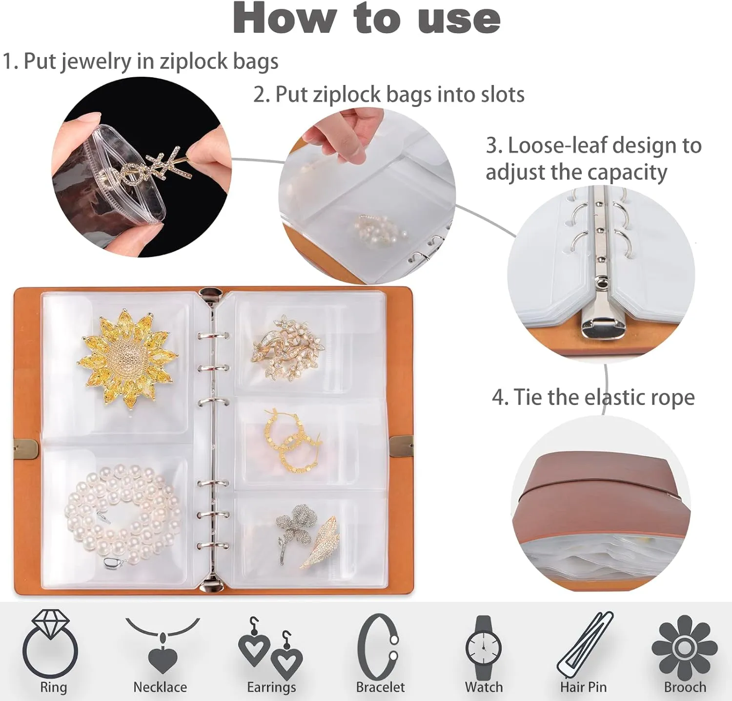 ChezMax Jewelry Organizer Book, Travel Jewelry Storage Book with Pockets, PU Leather Earrings Album, Small Accessories Holder for Bracelets Necklace Rings (40 Grids 40 Anti-Oxidation PVC Bags)