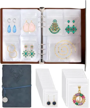 ChezMax Jewelry Organizer, Jewelry Storage Book with Pockets, Foldable Earrings Travel Album, PU Leather Accessories Holder Booklet for Bracelets Necklace Rings (64 Grids 64 Anti-Oxidation PVC Bags)