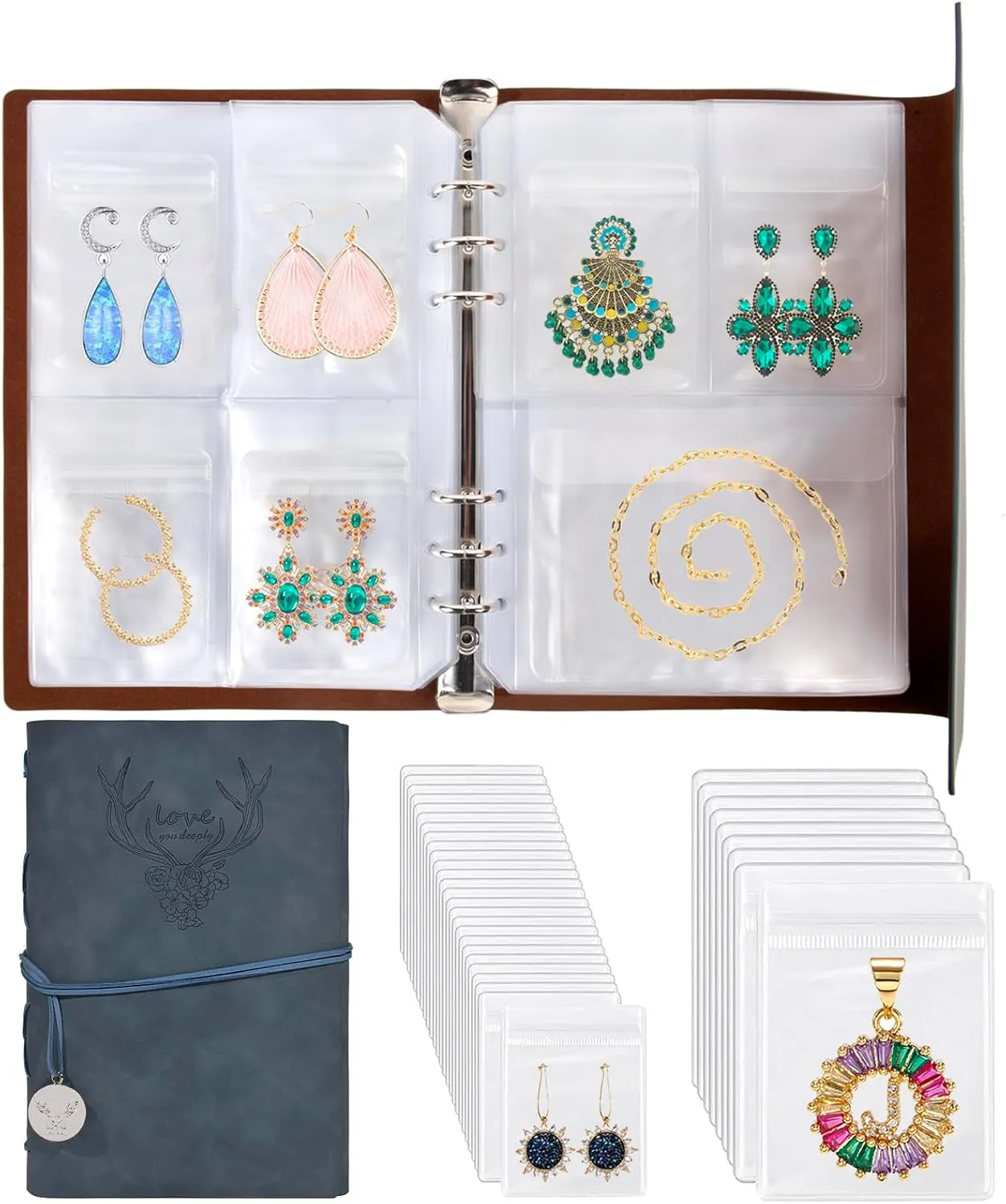 ChezMax Jewelry Organizer, Jewelry Storage Book with Pockets, Foldable Earrings Travel Album, PU Leather Accessories Holder Booklet for Bracelets Necklace Rings (64 Grids 64 Anti-Oxidation PVC Bags)