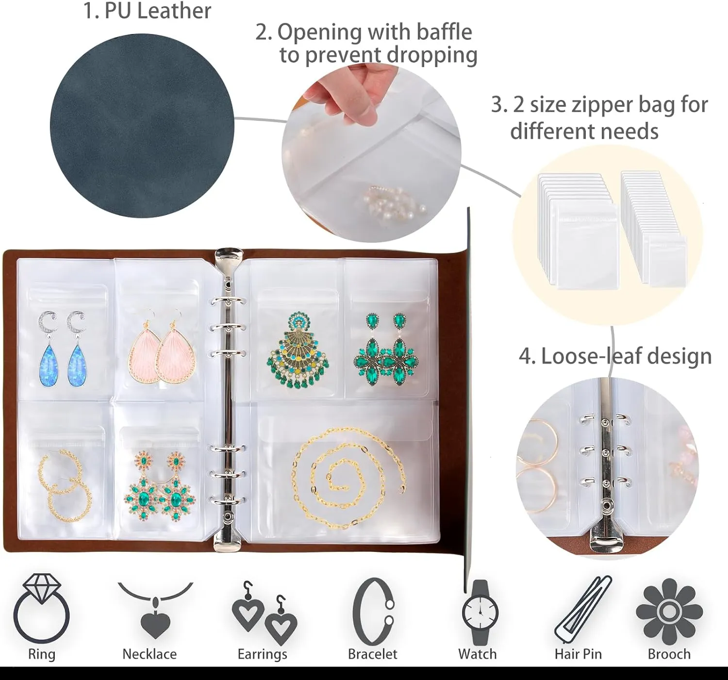ChezMax Jewelry Organizer, Jewelry Storage Book with Pockets, Foldable Earrings Travel Album, PU Leather Accessories Holder Booklet for Bracelets Necklace Rings (64 Grids 64 Anti-Oxidation PVC Bags)