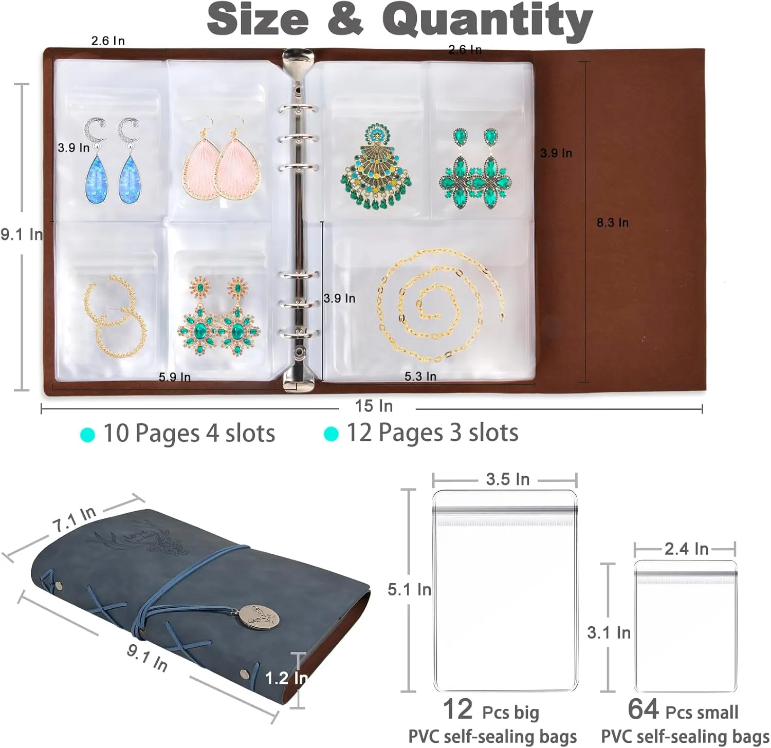 ChezMax Jewelry Organizer, Jewelry Storage Book with Pockets, Foldable Earrings Travel Album, PU Leather Accessories Holder Booklet for Bracelets Necklace Rings (64 Grids 64 Anti-Oxidation PVC Bags)