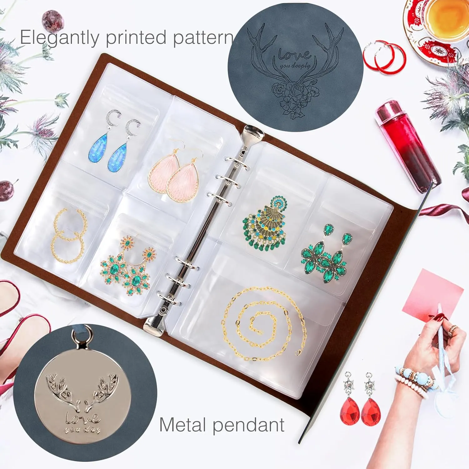 ChezMax Jewelry Organizer, Jewelry Storage Book with Pockets, Foldable Earrings Travel Album, PU Leather Accessories Holder Booklet for Bracelets Necklace Rings (64 Grids 64 Anti-Oxidation PVC Bags)