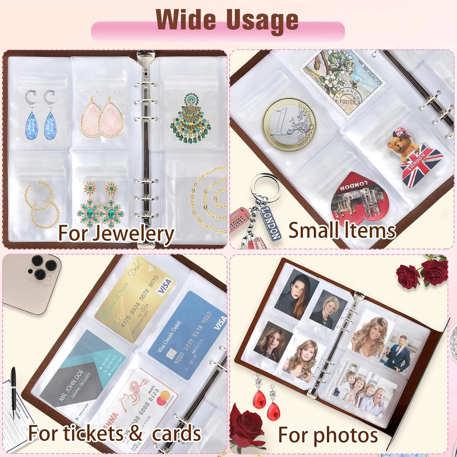 ChezMax Jewelry Organizer, Jewelry Storage Book with Pockets, Foldable Earrings Travel Album, PU Leather Accessories Holder Booklet for Bracelets Necklace Rings (64 Grids 64 Anti-Oxidation PVC Bags)