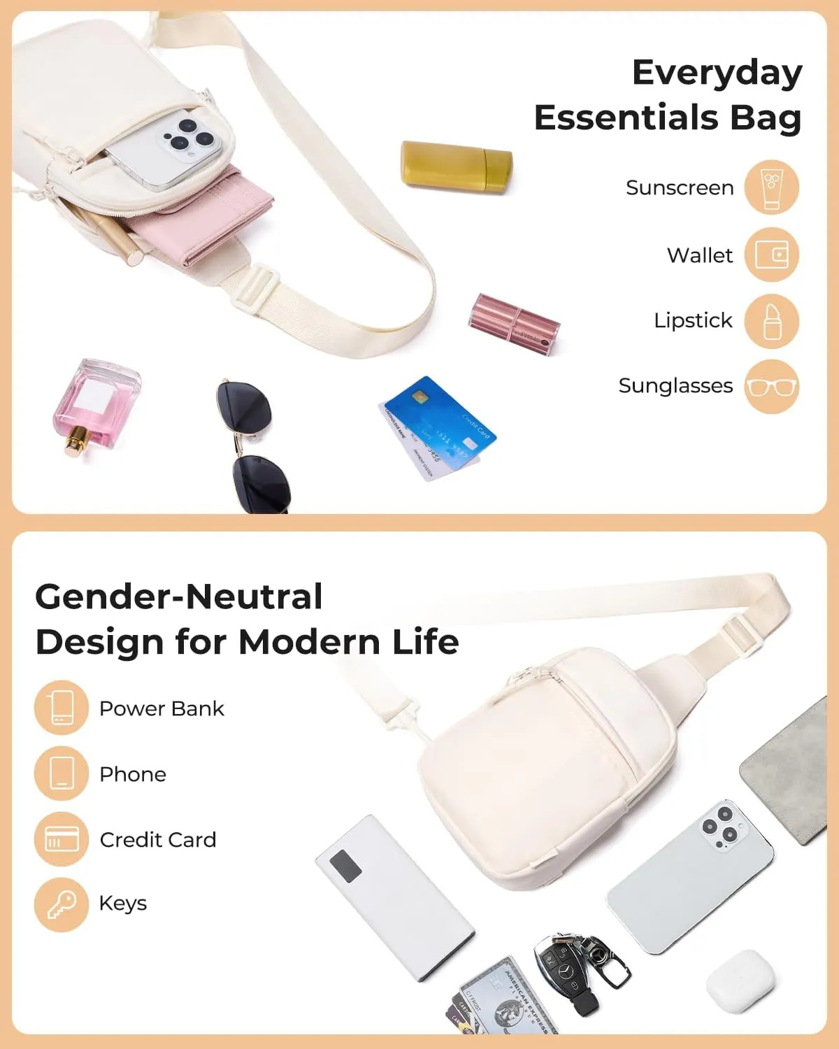 CHOLISS Small Crossbody Bags for Women and Men, Sling Backpack Travel Bag Nylon, Beige
