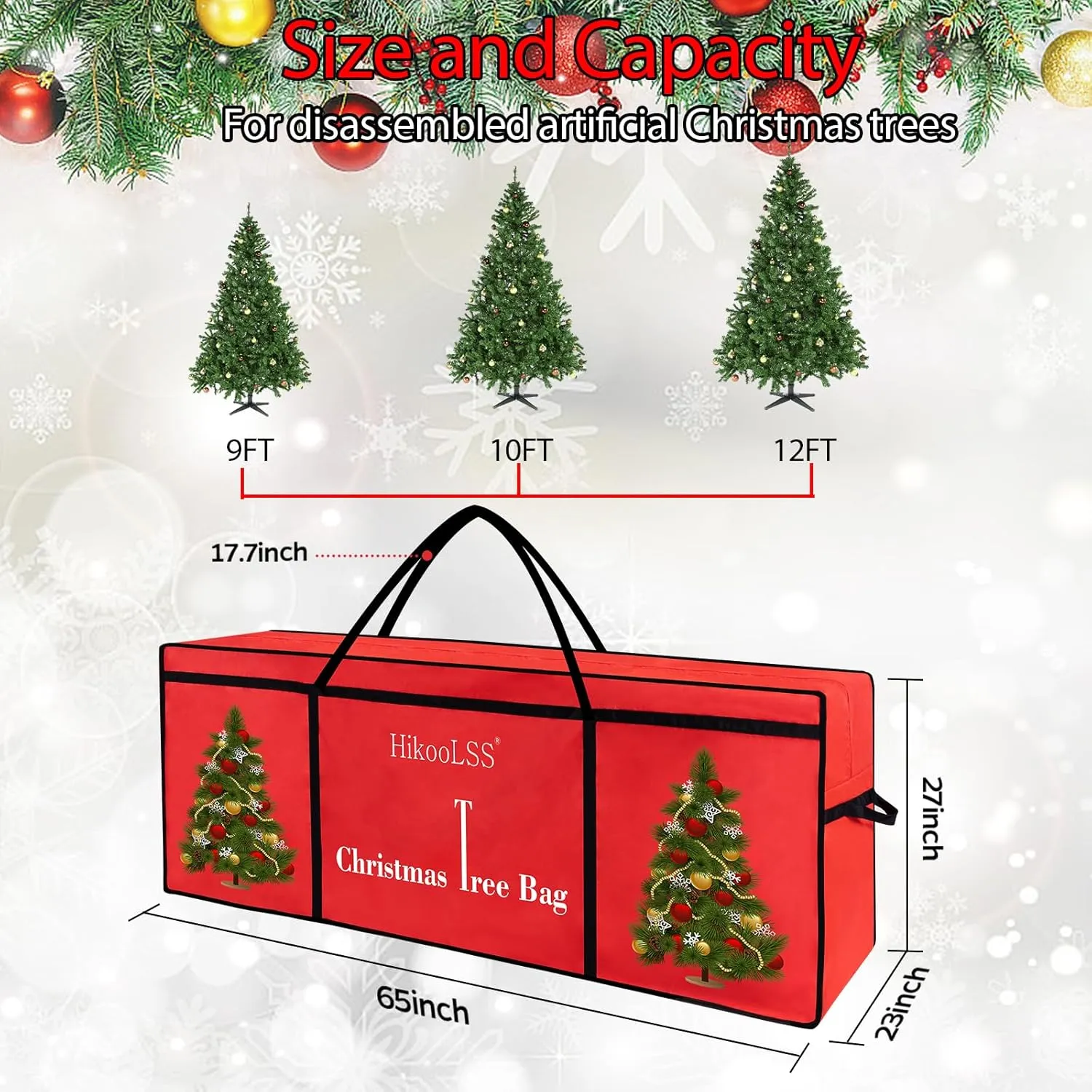 Christmas Tree Storage Bag 12 Ft Tall Tree Container/Holder Heavy Duty Oxford Dual Mesh Pockets,Moistureproof,Extra Large Christmas Tree Box for Big Xmas Tree Wide Opening Red(65X23X27in)