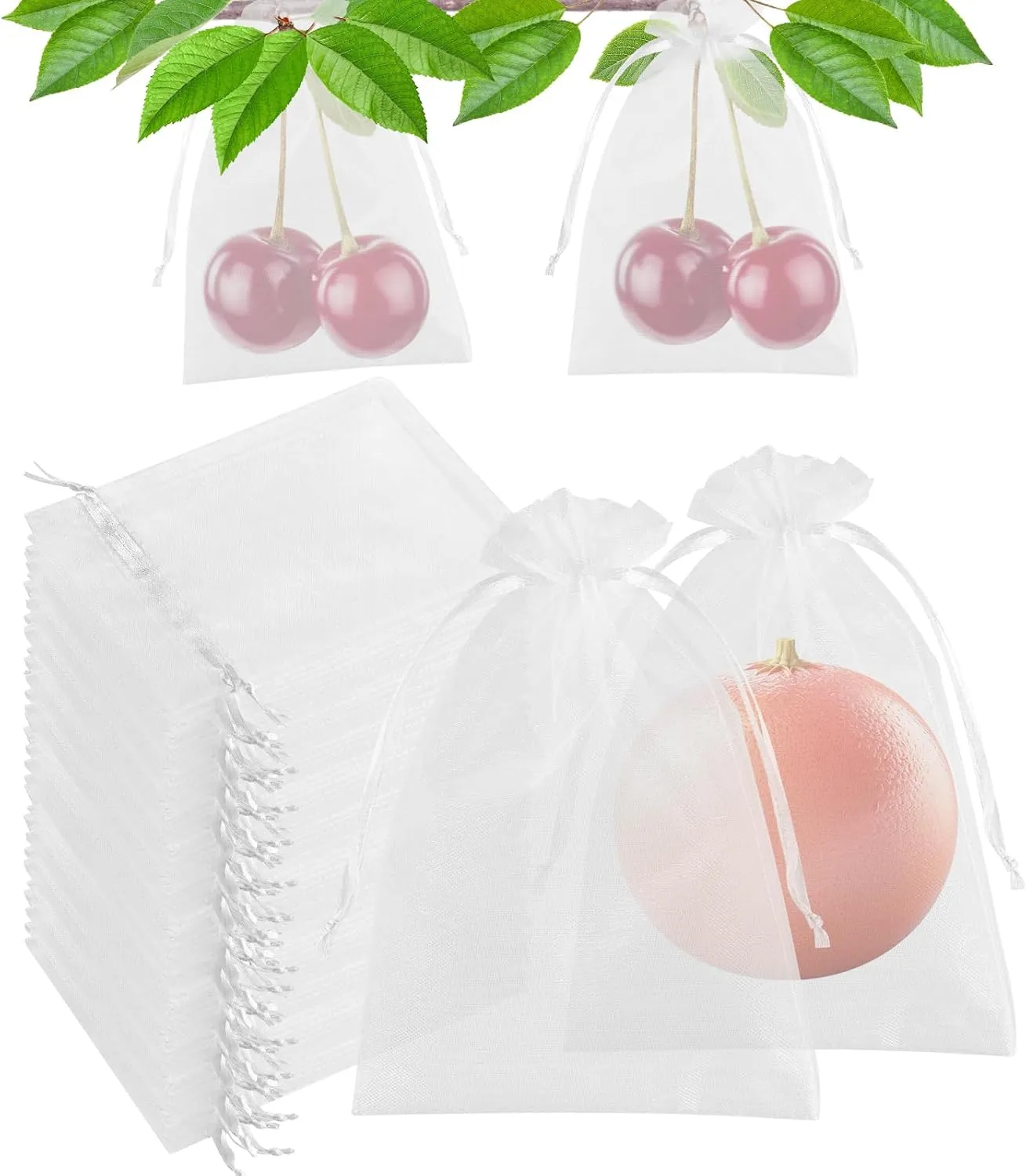 CHRORINE 120Pcs Fruit Protection Bags 6×8 Inch, Fruit Netting Mesh Bags for Fruit Trees, Reusable Garden Netting Bags with Drawstring, White