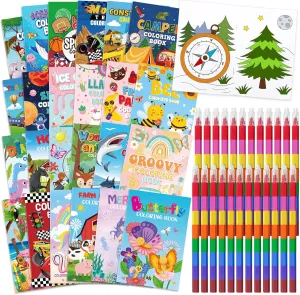 Cinrobiye 24 Coloring Books for Kids Bulk With 24 Stacking Crayons Set Mini Coloring Books Bulk for Ages 2-4-8-12 Activity Books For Birthday Party Favors Gifts Goodie Bags Stuffers School Classroom