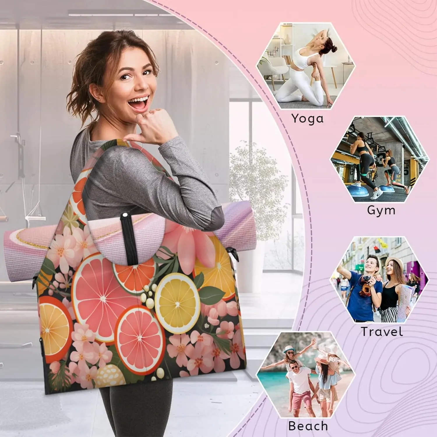 Citrus Slice Garden Waterproof Gym Bag for Men Women, Sports Duffel Bag with Shoe Compartment Yoga Mat Holder, Portable Large Travel Bag for Fitness, Camping, Weekend Trips