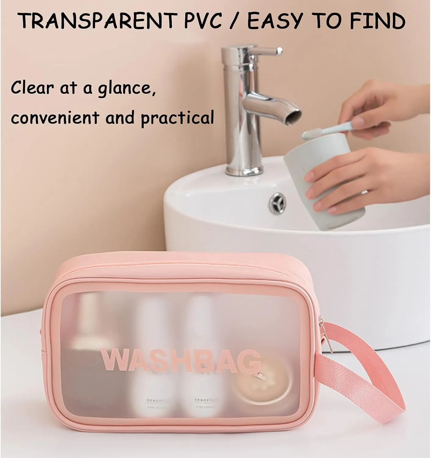 Clear Travel Bags for Toiletries, 3Pcs Portable PVC Waterproof Cosmetic Bags, Transparent Travel Storage Carry Pouch, Toiletry Bags and Cosmetics Organizer for Women Men (Pink)