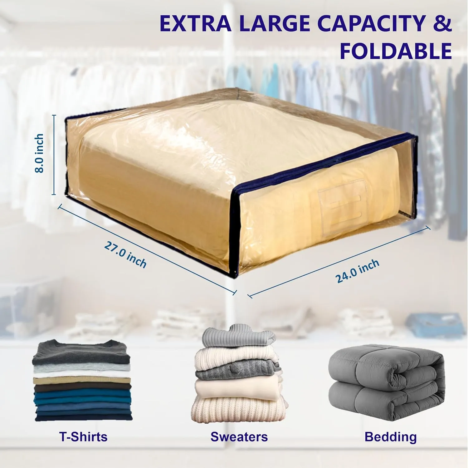 Clear Vinyl Zippered Storage Bags with Handle 24x27x8 Inch Pack of 12 for Blanket, Linen, Sweater, Bed Sheet, Quilt, Clothes, Pillow, Comforter, Foldable