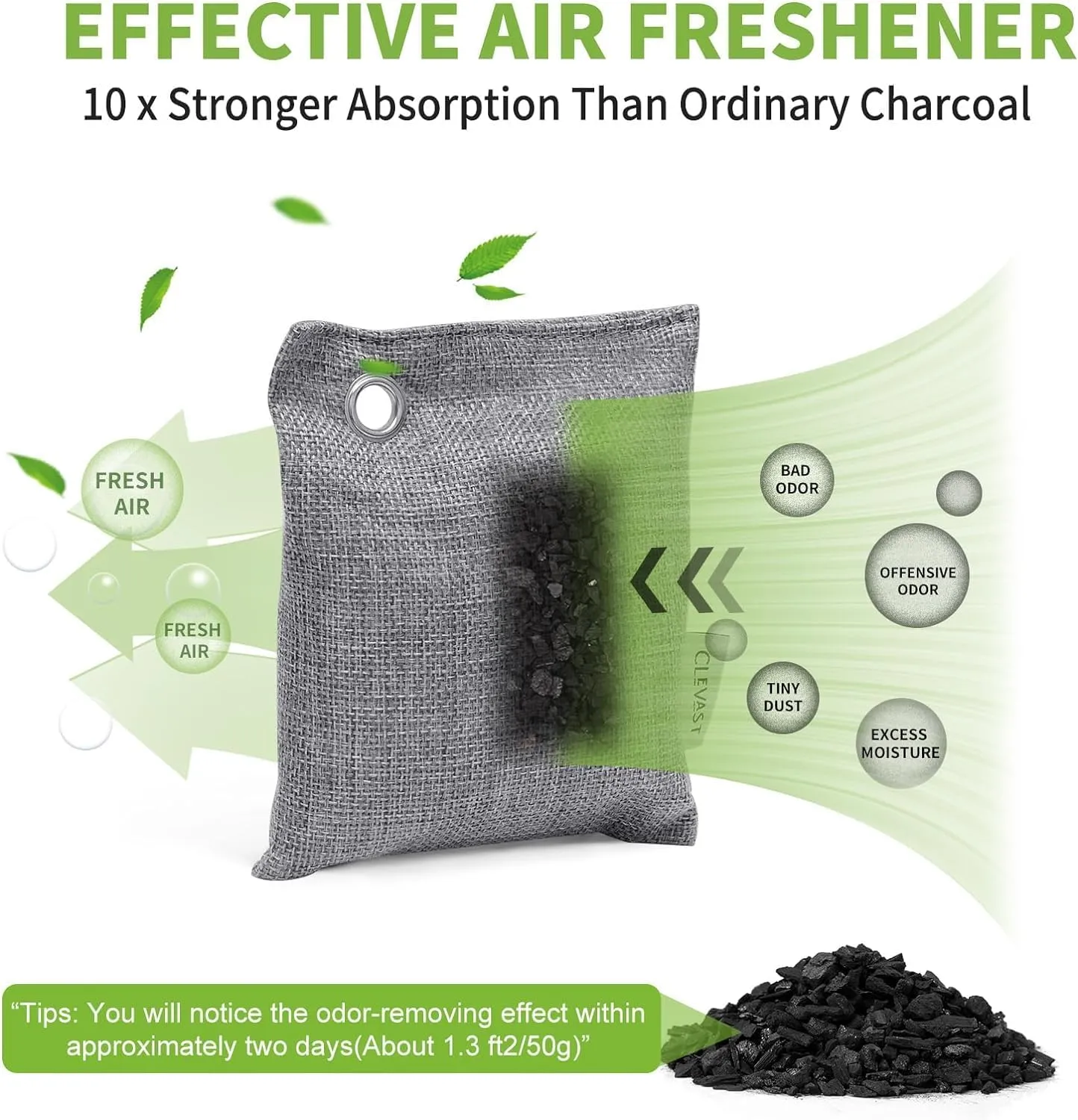 CLEVAST 16 Pack Activated Bamboo Charcoal Air Purifying Bags(8x100g, 8x50g), Natural Fresh Odor Absorber, Deodorizer and Moisture Eliminator, Air Purifier Bags for Home, Closet, Car Air freshener