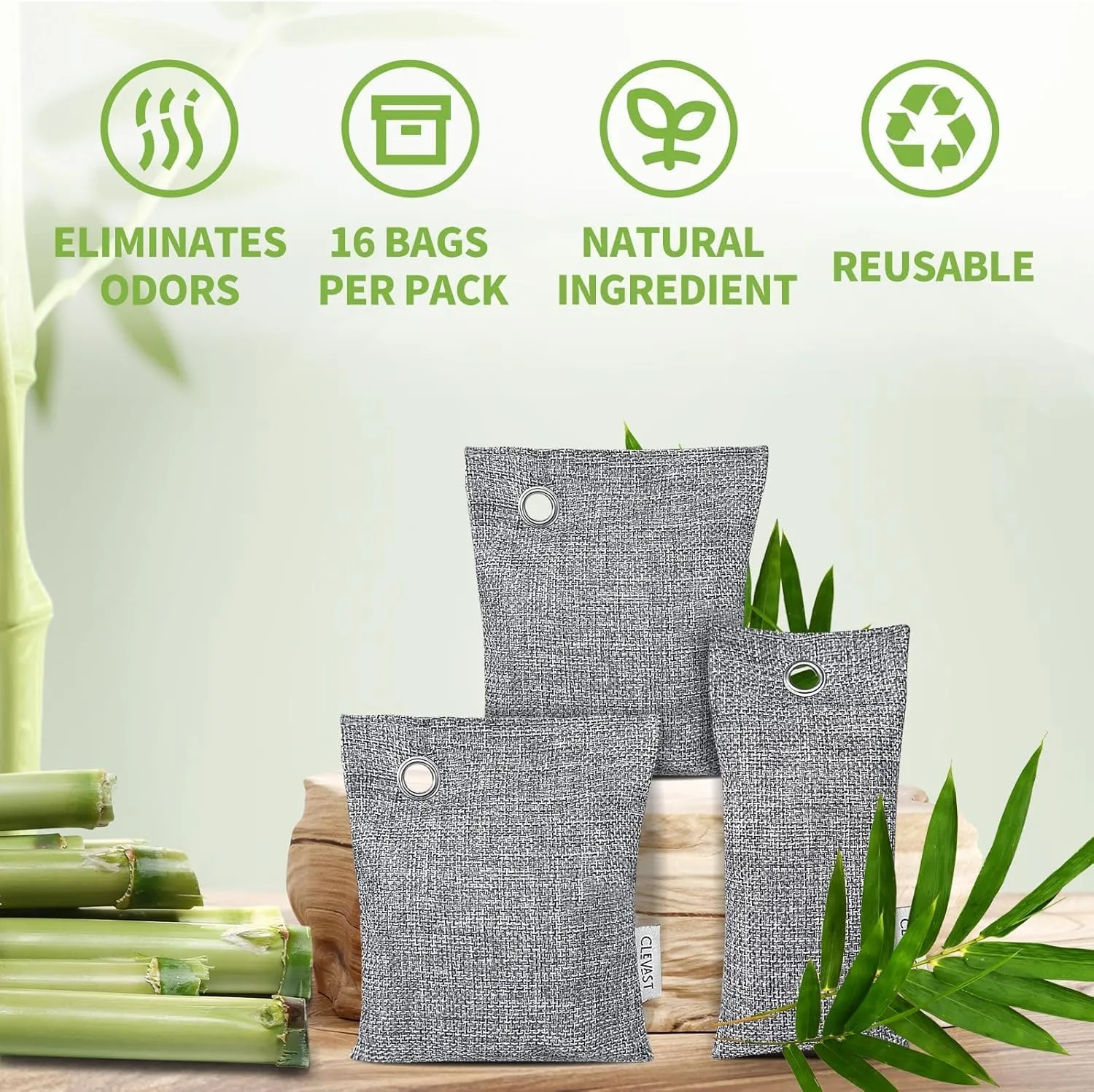 CLEVAST 16 Pack Activated Bamboo Charcoal Air Purifying Bags(8x100g, 8x50g), Natural Fresh Odor Absorber, Deodorizer and Moisture Eliminator, Air Purifier Bags for Home, Closet, Car Air freshener