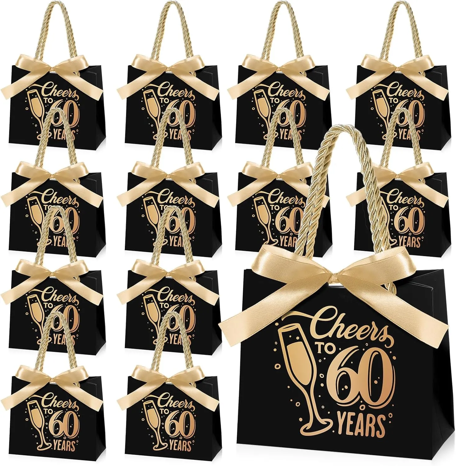 Clysee 25 Pcs 60th Birthday Gift Bags with Handles Black and Gold Party Favor Bags Bulk for Birthday Wedding Anniversary Supplies Decorations Cheers to 60 Years, 5.51 x 2.36 x 4.72 Inches
