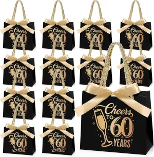 Clysee 25 Pcs 60th Birthday Gift Bags with Handles Black and Gold Party Favor Bags Bulk for Birthday Wedding Anniversary Supplies Decorations Cheers to 60 Years, 5.51 x 2.36 x 4.72 Inches