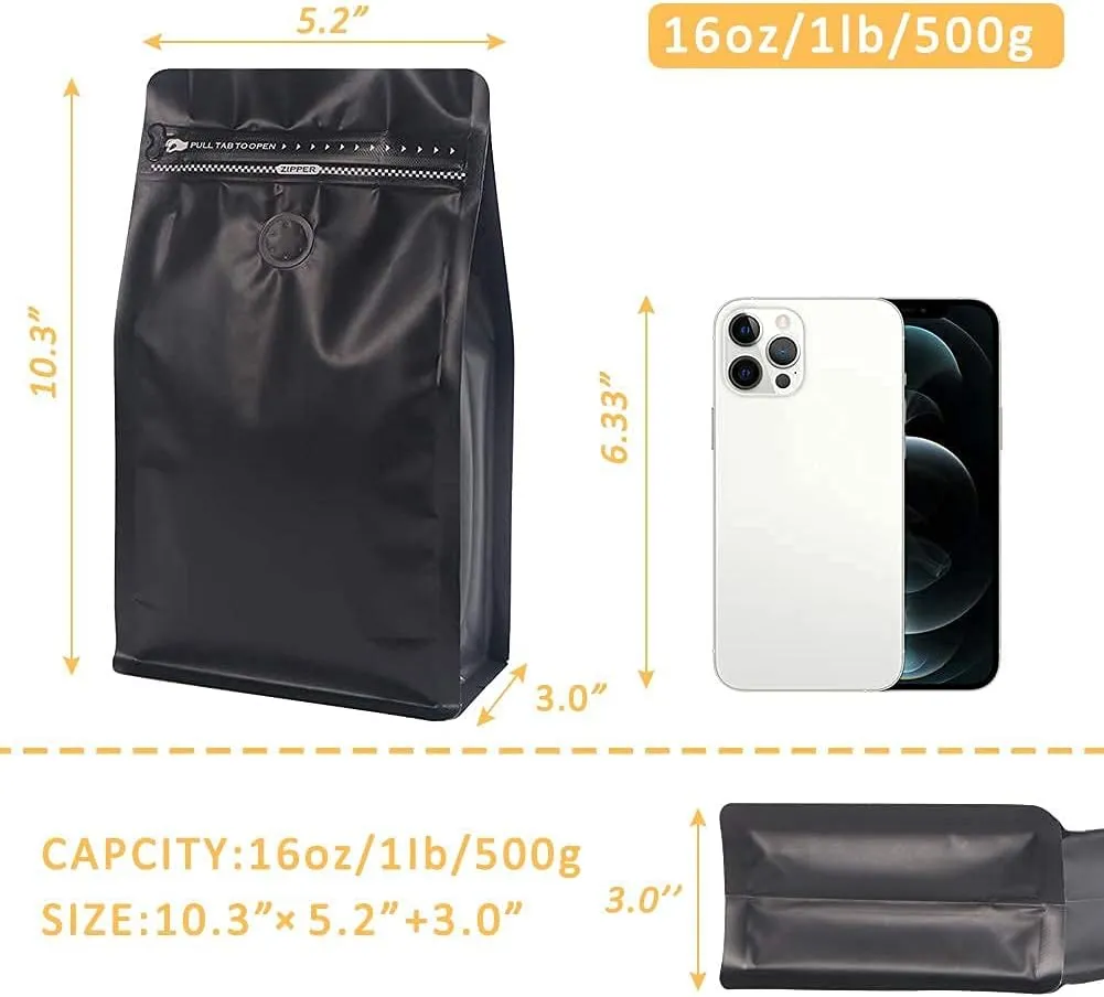 Coffee Bags with Valve,(100pcs,16 oz,1lb) Black High Barrier Aluminum Foil Flat Bottom Stand up Empty Coffee Beans Storage Bag