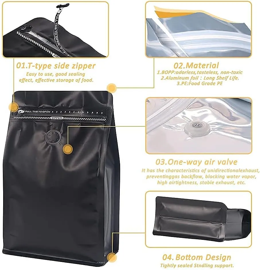 Coffee Bags with Valve,(100pcs,16 oz,1lb) Black High Barrier Aluminum Foil Flat Bottom Stand up Empty Coffee Beans Storage Bag