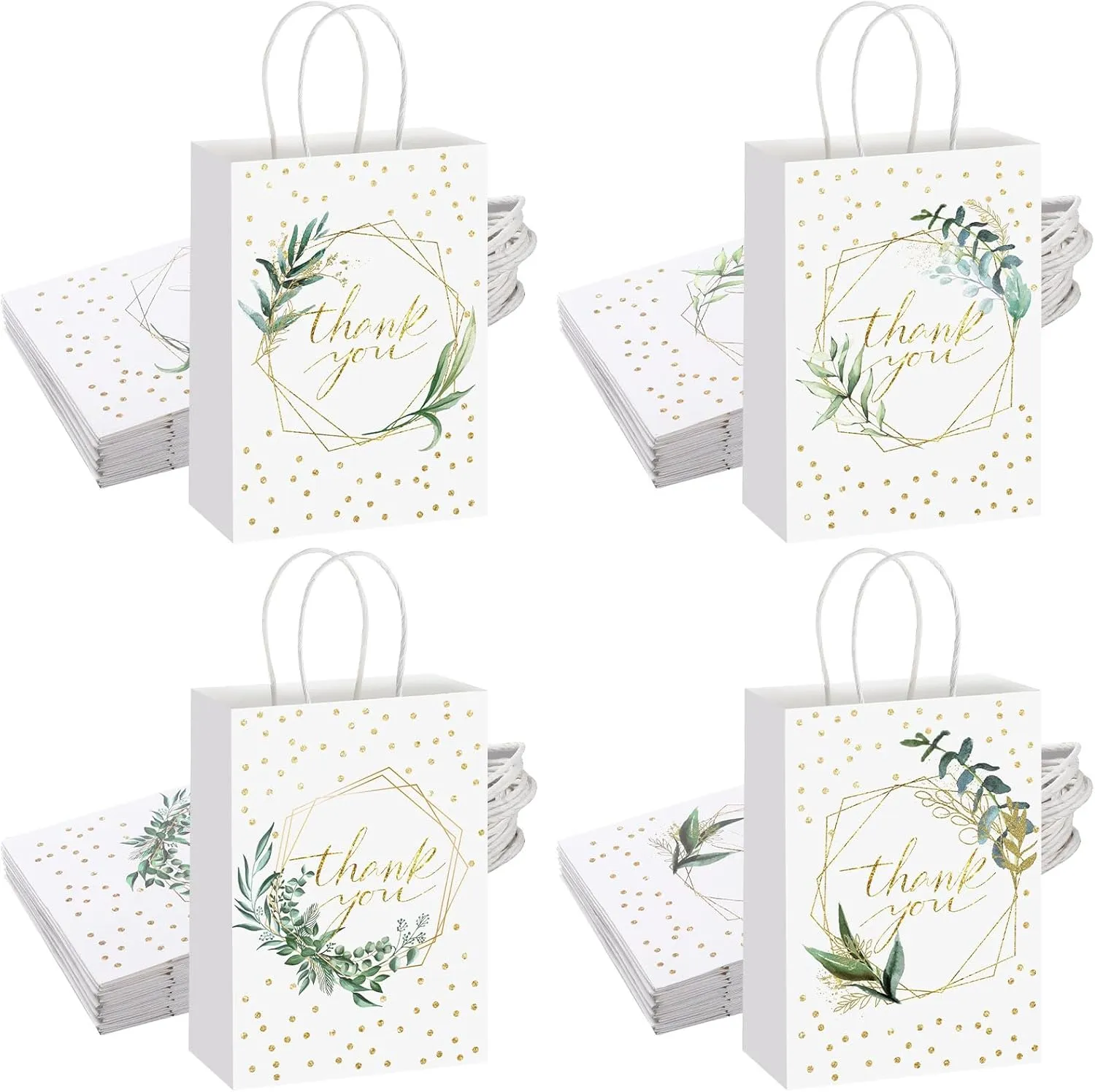 Colarr 48 Pcs Wedding Thank You Gift Bags Greenery Floral Design Party Gift Bags with Handle Paper Goodie Wrap Bag for Wedding Bridal Shower Baby Shower Birthday Party Favor, 6.3 x 3.2 x 8.7 Inch