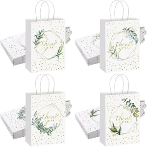 Colarr 48 Pcs Wedding Thank You Gift Bags Greenery Floral Design Party Gift Bags with Handle Paper Goodie Wrap Bag for Wedding Bridal Shower Baby Shower Birthday Party Favor, 6.3 x 3.2 x 8.7 Inch