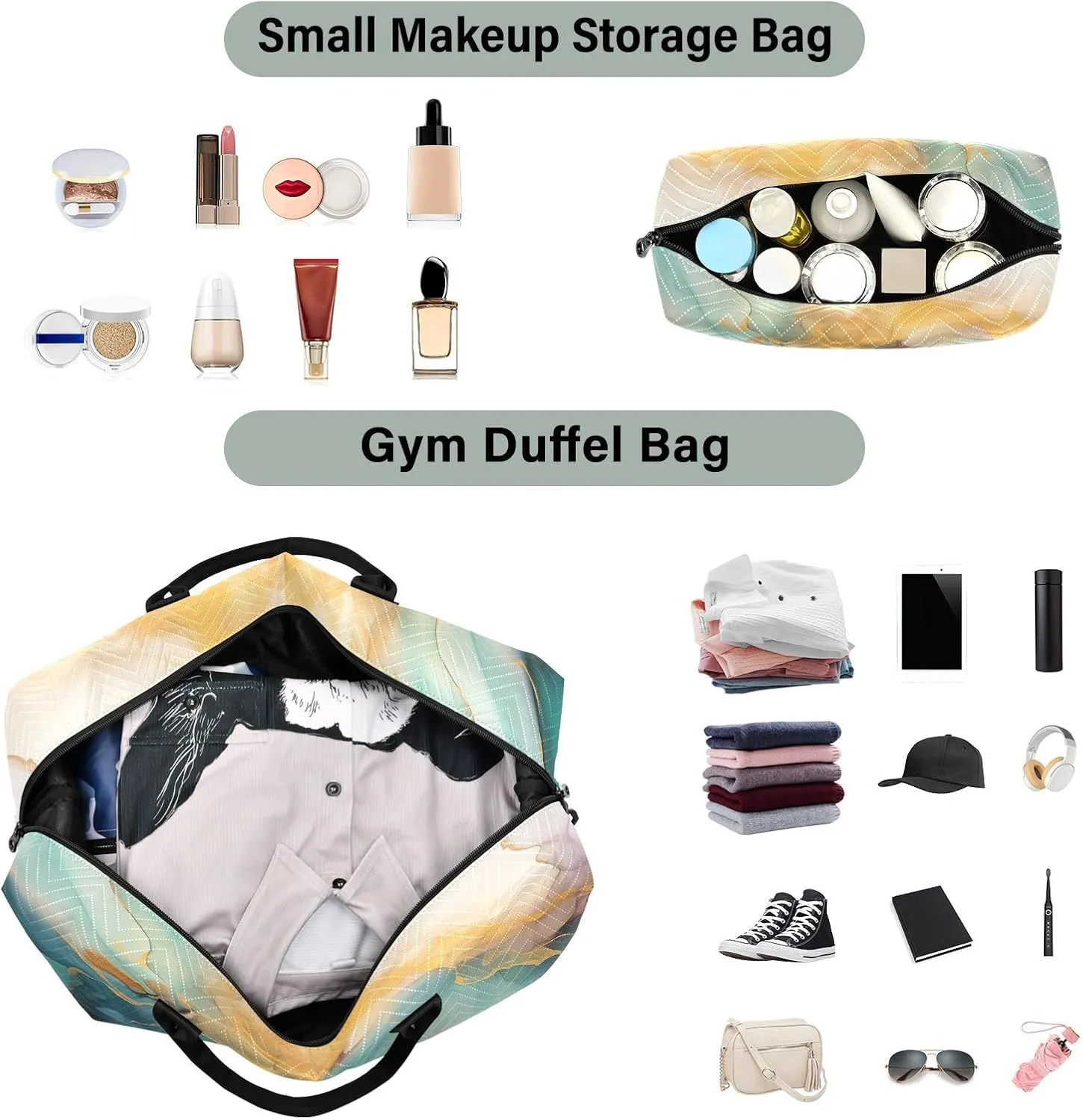 Colorful Marble Travel Duffle Bag Gym Bag Weekender Bags Carry On Bag Quilt Overnight Bag with Make Up Bag for Airplane Women Ladies Trip Travel Essentials Gifts