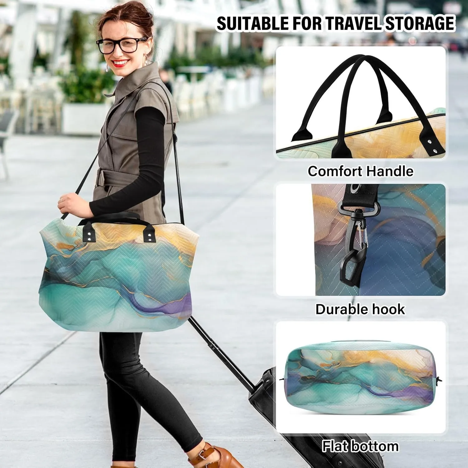 Colorful Marble Travel Duffle Bag Gym Bag Weekender Bags Carry On Bag Quilt Overnight Bag with Make Up Bag for Airplane Women Ladies Trip Travel Essentials Gifts