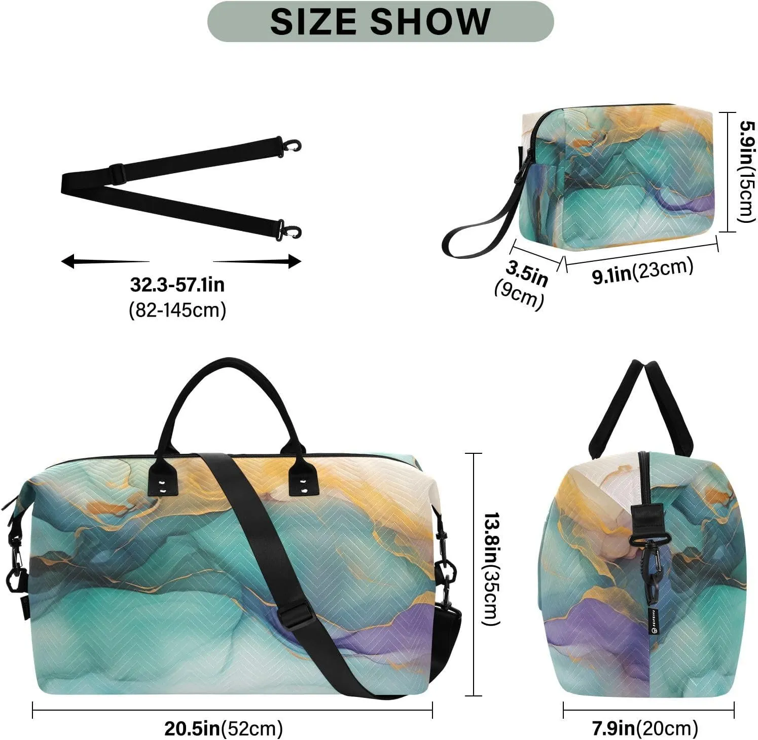Colorful Marble Travel Duffle Bag Gym Bag Weekender Bags Carry On Bag Quilt Overnight Bag with Make Up Bag for Airplane Women Ladies Trip Travel Essentials Gifts