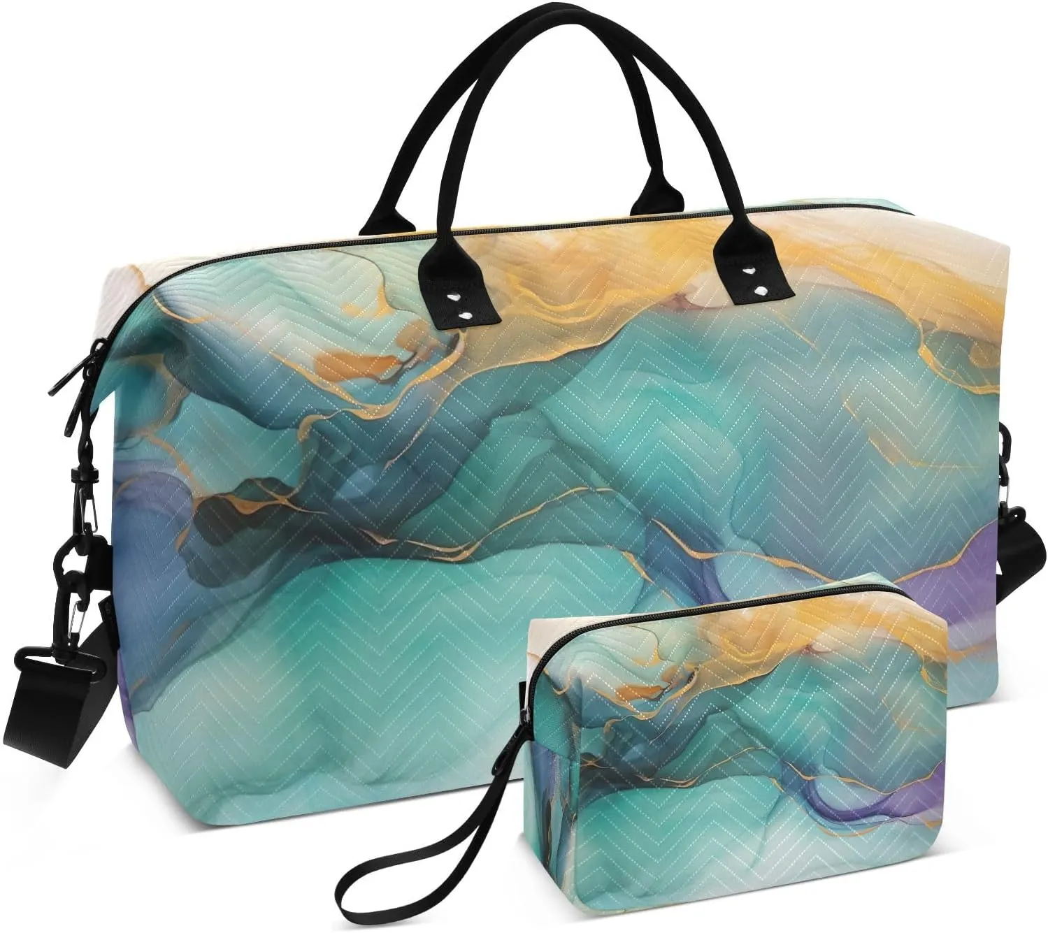 Colorful Marble Travel Duffle Bag Gym Bag Weekender Bags Carry On Bag Quilt Overnight Bag with Make Up Bag for Airplane Women Ladies Trip Travel Essentials Gifts