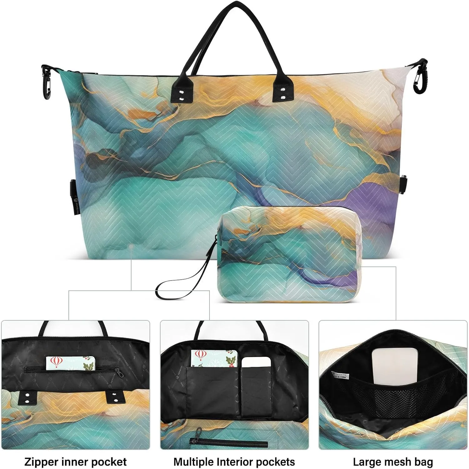 Colorful Marble Travel Duffle Bag Gym Bag Weekender Bags Carry On Bag Quilt Overnight Bag with Make Up Bag for Airplane Women Ladies Trip Travel Essentials Gifts