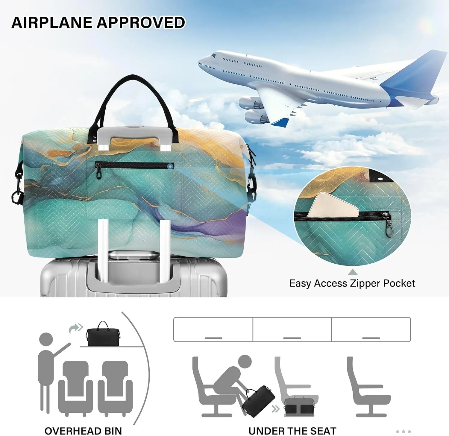 Colorful Marble Travel Duffle Bag Gym Bag Weekender Bags Carry On Bag Quilt Overnight Bag with Make Up Bag for Airplane Women Ladies Trip Travel Essentials Gifts