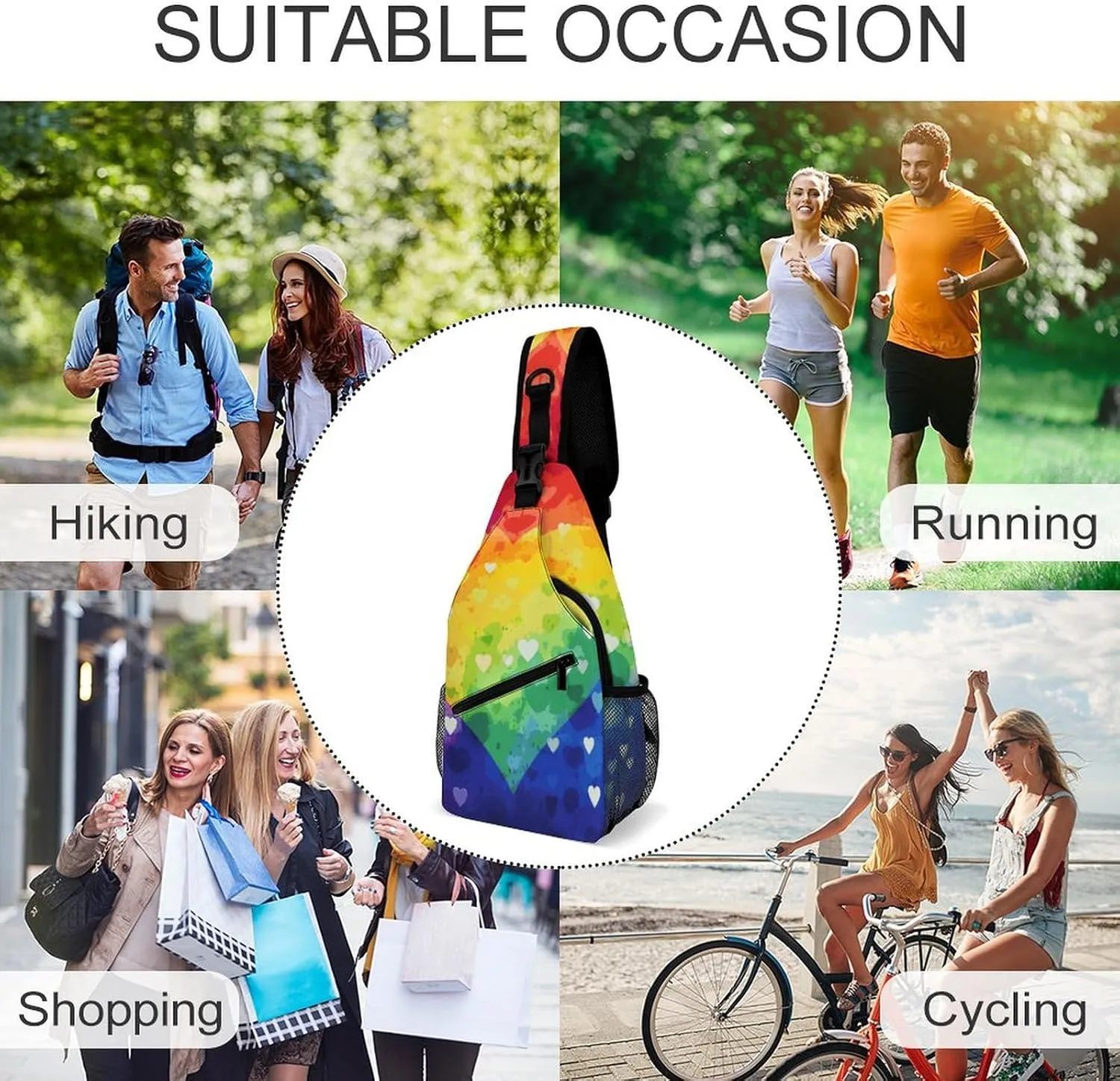 Colorful Rainbow Love Heart Sling Bag Crossbody Bags Cross Body Bag Fanny Packs Chest Bags Sling Purses for Travel