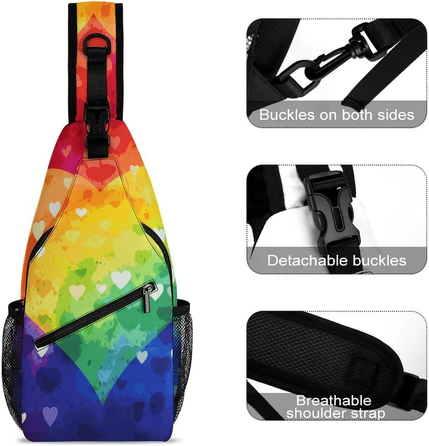 Colorful Rainbow Love Heart Sling Bag Crossbody Bags Cross Body Bag Fanny Packs Chest Bags Sling Purses for Travel