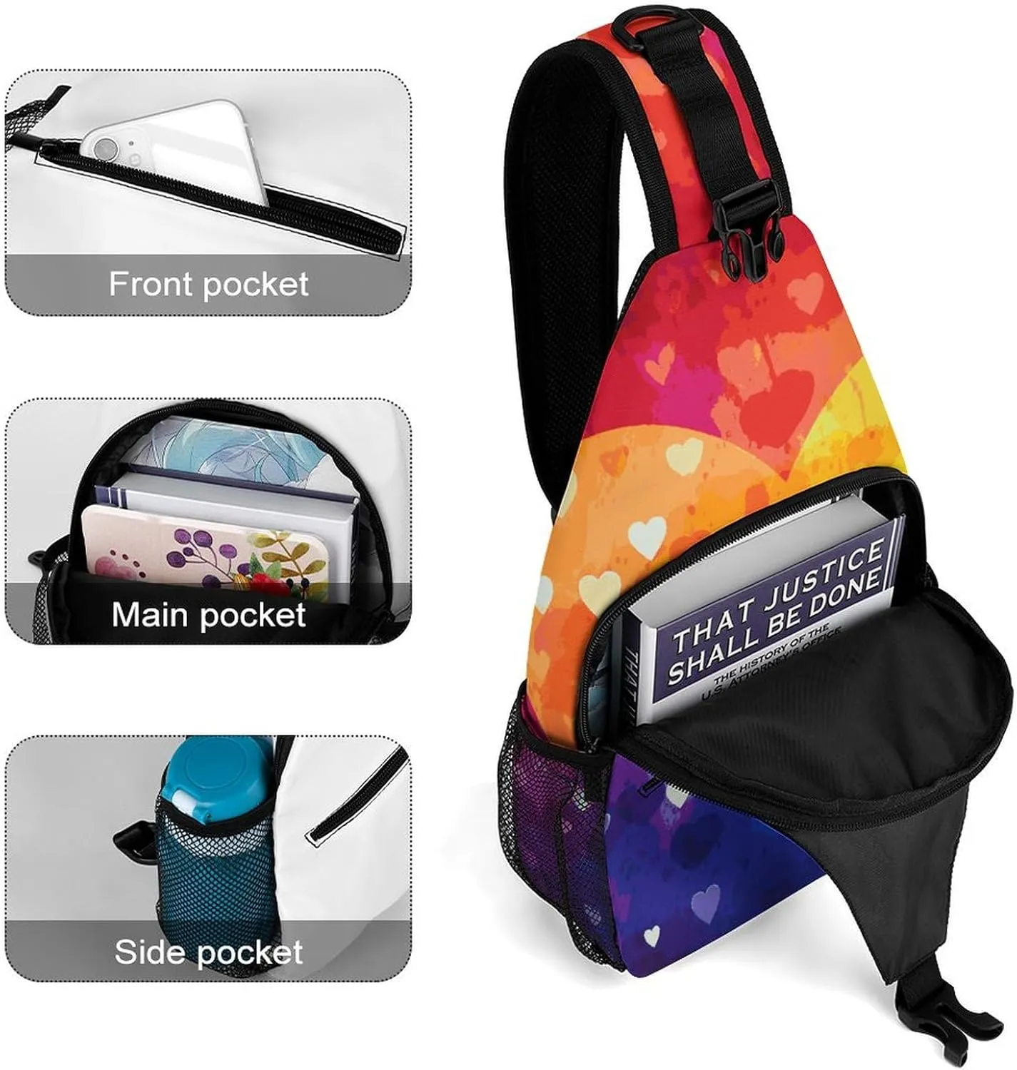 Colorful Rainbow Love Heart Sling Bag Crossbody Bags Cross Body Bag Fanny Packs Chest Bags Sling Purses for Travel
