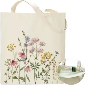 Colorful Watercolor Floral Canvas Tote Bag Shoulder Zipper Pocket Flower Aesthetic Cute Women Teacher Lady Shopping Handbag College Book Reusable Grocery Work Storage Personalized Cloth Cotton