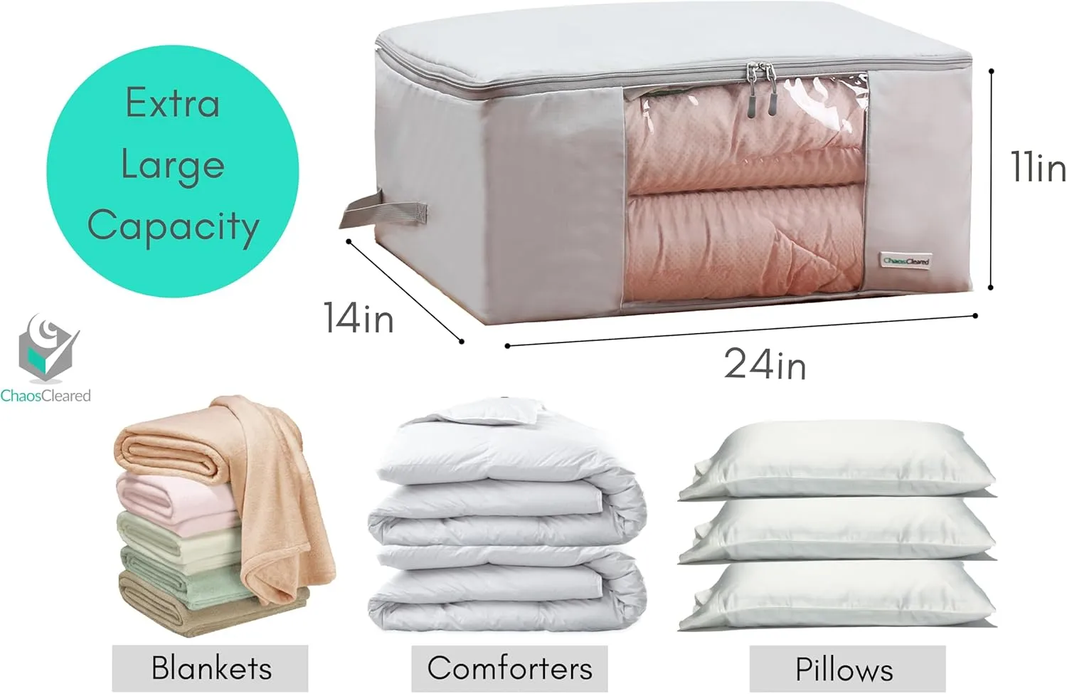 Comforter Storage Bag - Folding Organizer bag for King/Queen Comforters, Pillows, Blankets, Bedding/Quilt, Blanket, Duvet, Mothproof Space Saver; Large Collapsible Organizers, 24"x14"x11"