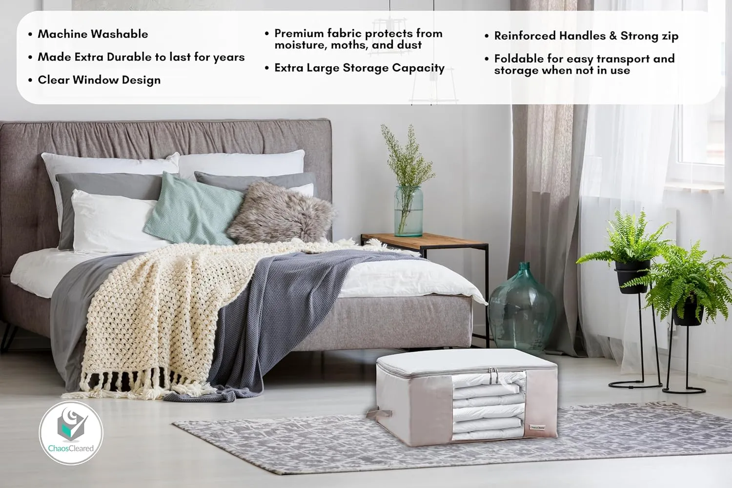 Comforter Storage Bag - Folding Organizer bag for King/Queen Comforters, Pillows, Blankets, Bedding/Quilt, Blanket, Duvet, Mothproof Space Saver; Large Collapsible Organizers, 24"x14"x11"