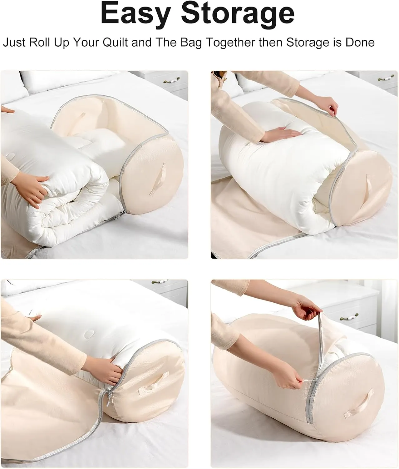 Comforter Storage Bag - Space-saving Bedding Storage for Queen Duvet, Washable Comforter Organizer, 6-Pack, Beige
