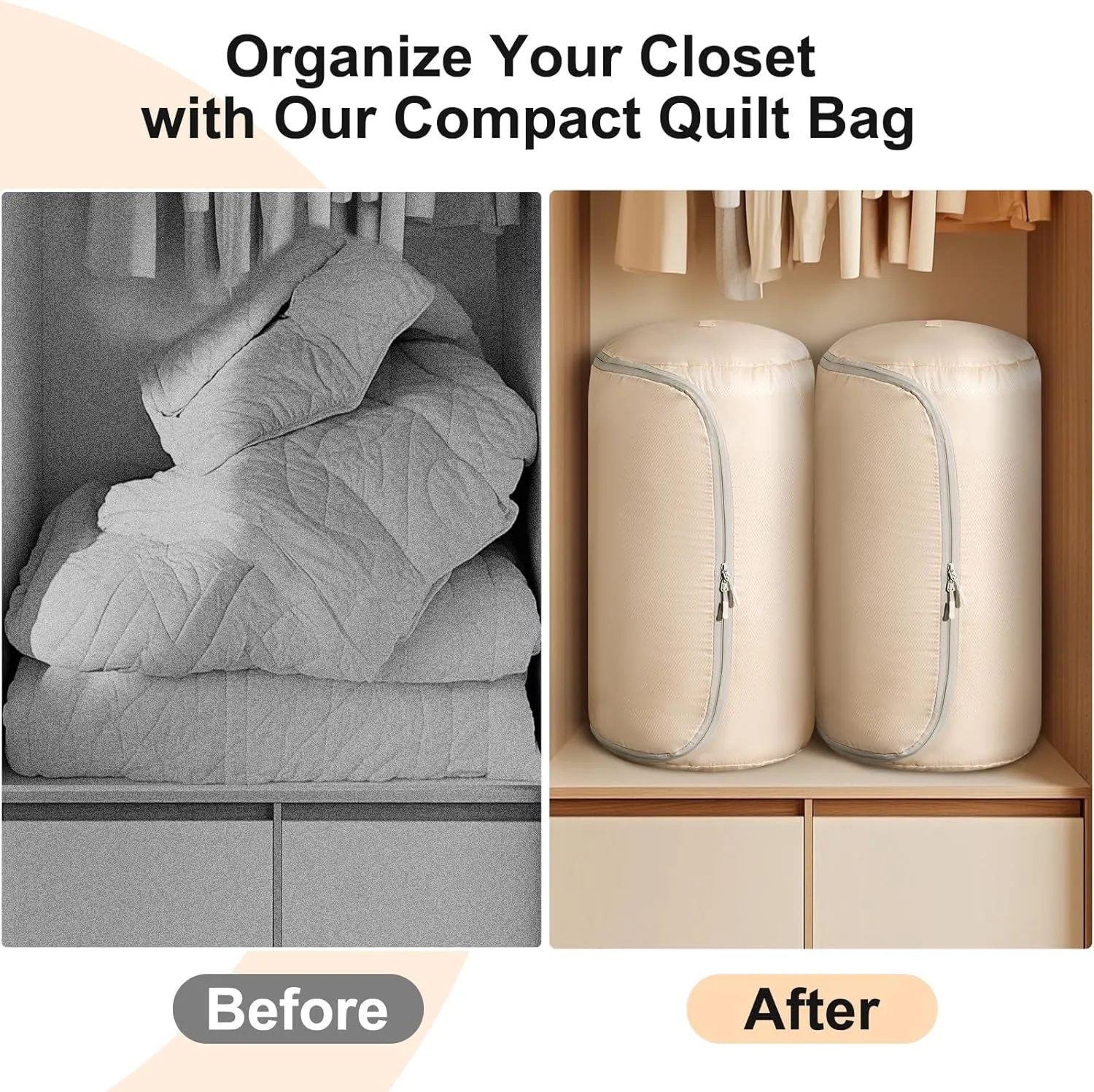 Comforter Storage Bag - Space-saving Bedding Storage for Queen Duvet, Washable Comforter Organizer, 6-Pack, Beige