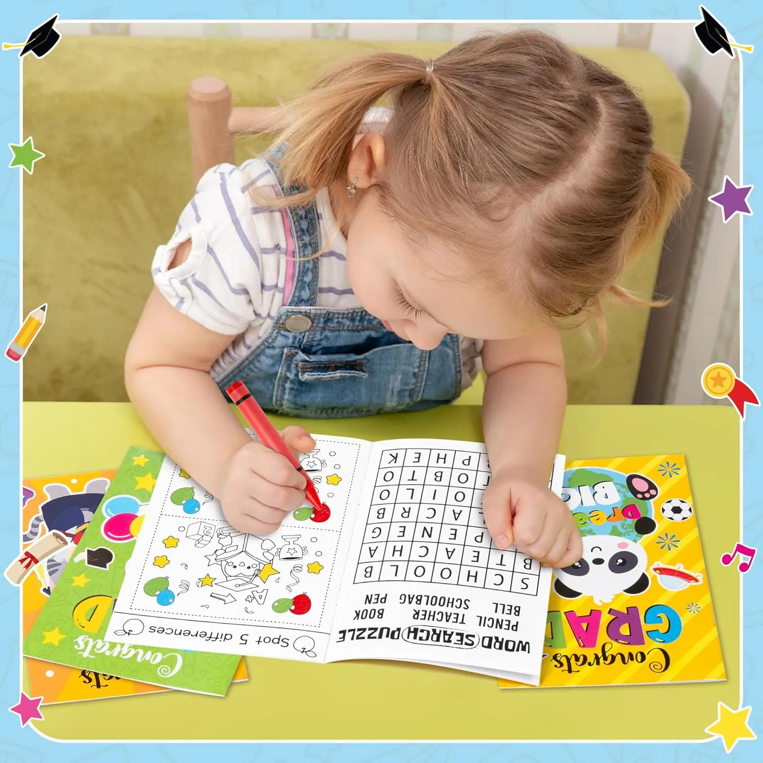Congrats Grad Activity Books- 24Pcs Kindergarten Graduation Mini Games Coloring Book Set for Kids Bulk Preschool Graduation Theme Mazes Word Search Games for School Ceremony Party Goodie Bags Stuffers