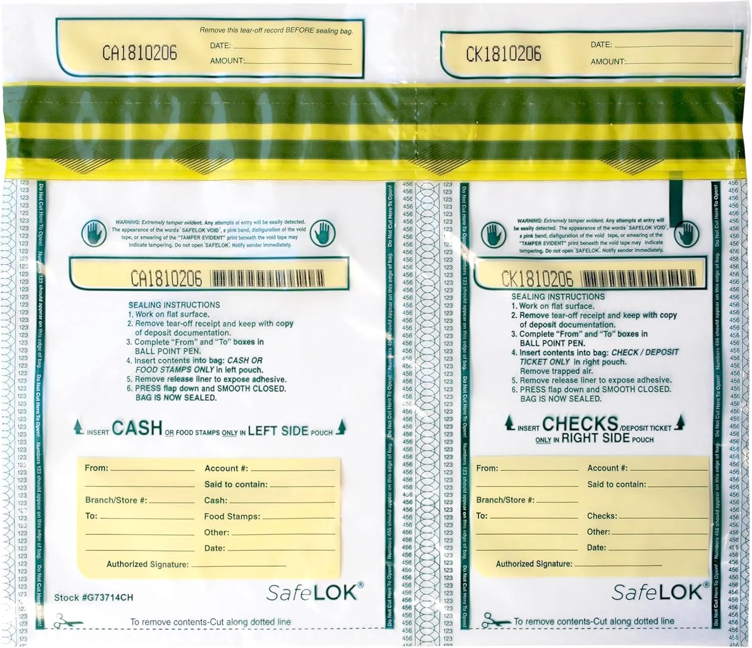 ControlTek SafeLok 13.5" x 10", Horizontal Twin, 100 Bags, Tamper-Evident Deposit Bags for Cash Handling & Valuables, Moisture, Heat and Cold Sensitive Ink, Tear-off receipt   Large Barcodes 585095