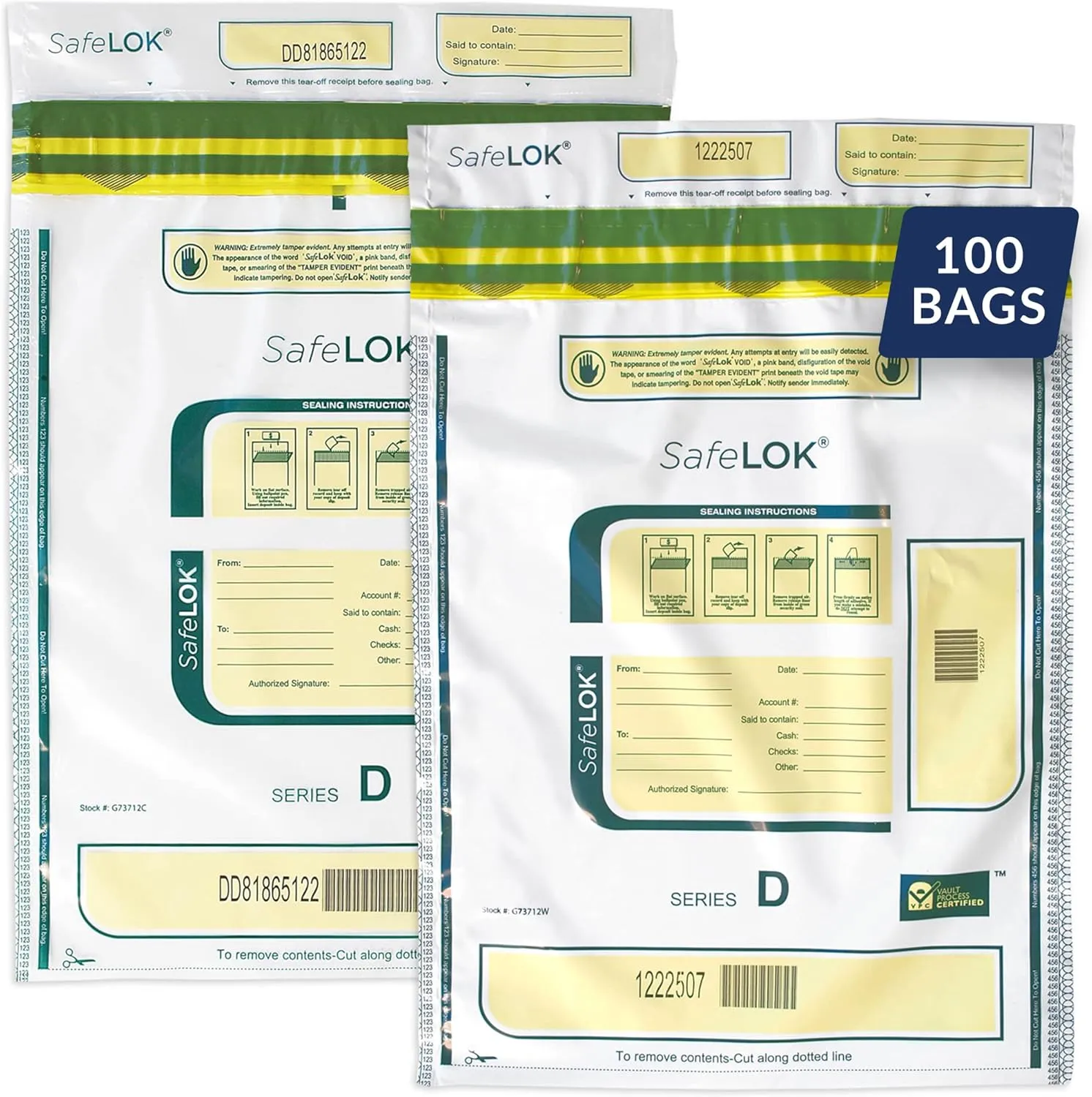 ControlTek SafeLok 9" x 12", White, 100 Bags, Tamper-Evident Deposit Bags for Cash Handling & Valuables, Moisture, Heat and Cold Sensitive Ink, Tear-off receipt   Large Barcodes 585089
