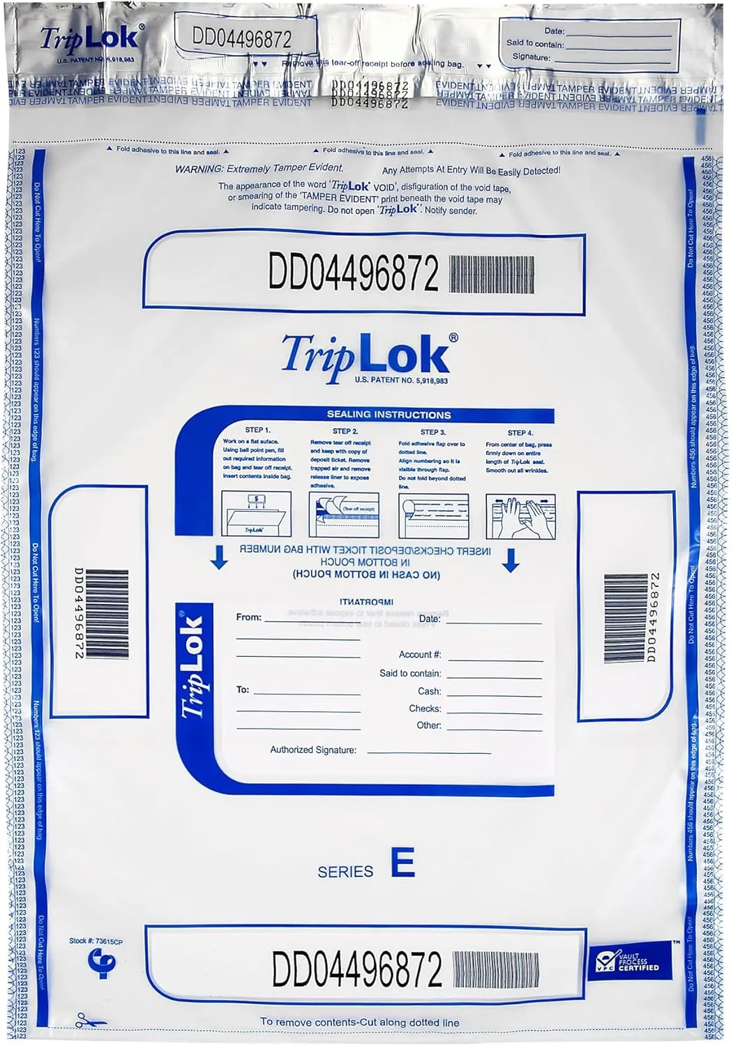 ControlTek TripLok 15" x 20", Clear with Pocket, 50 Bags, Tamper-Evident Deposit Bags for Cash Handling & Valuables, Moisture, Heat and Cold Sensitive Ink, Tear-off receipt   Large Barcodes 585051