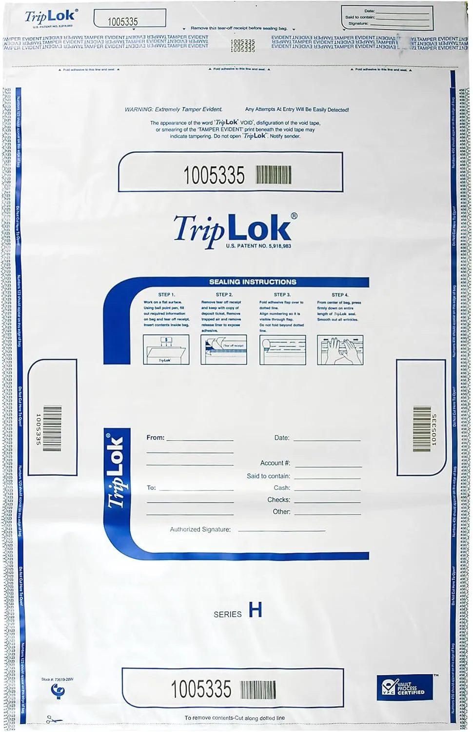 ControlTek TripLOK 19" x 28", White, 50 Bags, Tamper-Evident Deposit Bags for Cash Handling & Valuables, Moisture, Heat and Cold Sensitive Ink, Tear-off receipt   Large Barcodes 585062