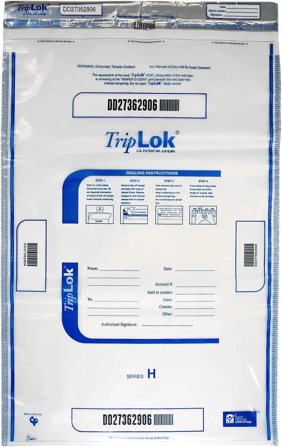 ControlTek TripLok 20" x 28", Clear, 50 Bags, Tamper-Evident Deposit Bags for Cash Handling & Valuables, Moisture, Heat and Cold Sensitive Ink, Tear-off receipt   Large Barcodes 585059
